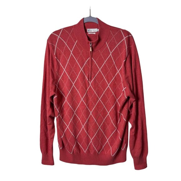 Peter Millar Golf Sweater Sz M Argyle Classic Coral Orange 1/4 Zip Silk Cashmere - Picture 1 of 11